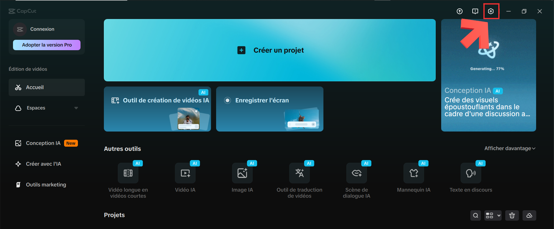 Bouton en haut à droite de CapCut