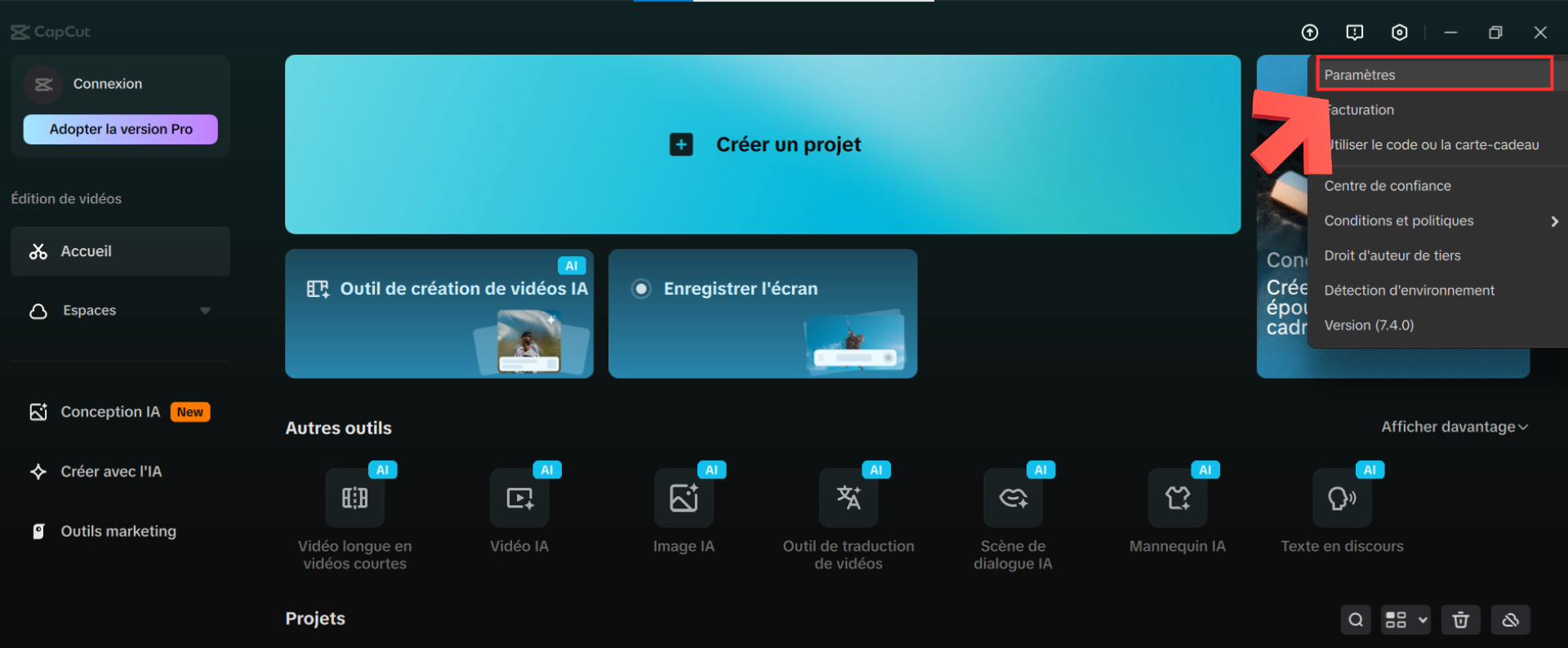 Menu Paramètres de CapCut