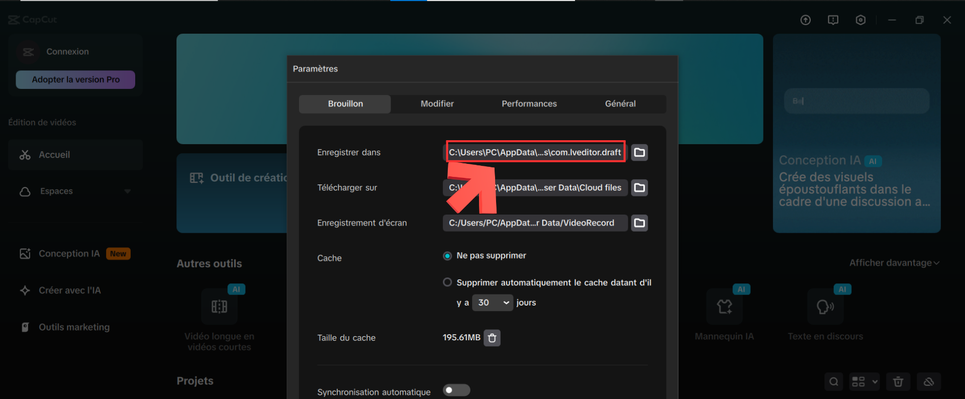 Emplacement du dossier des brouillons